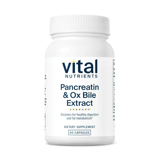 Vital Nutrients Pancreatin & Ox Bile 500mg bottle shows the enzyme blend for improved post-meal digestion.