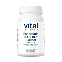 Vital Nutrients Pancreatin & Ox Bile 500mg bottle shows the enzyme blend for improved post-meal digestion.