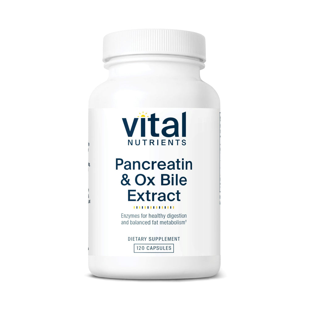 Vital Nutrients pancreatin-ox-bile-500mg capsules on a kitchen counter, aiding digestion after meals.