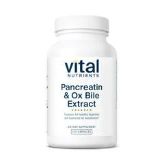 Vital Nutrients pancreatin-ox-bile-500mg capsules on a kitchen counter, aiding digestion after meals.