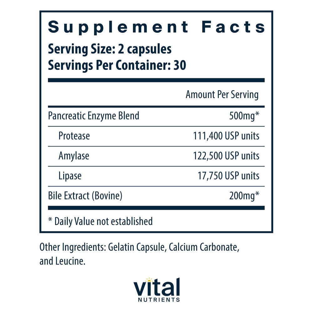 Vital Nutrients Pancreatin & Ox Bile 500mg tablets pack ready to take with meals.