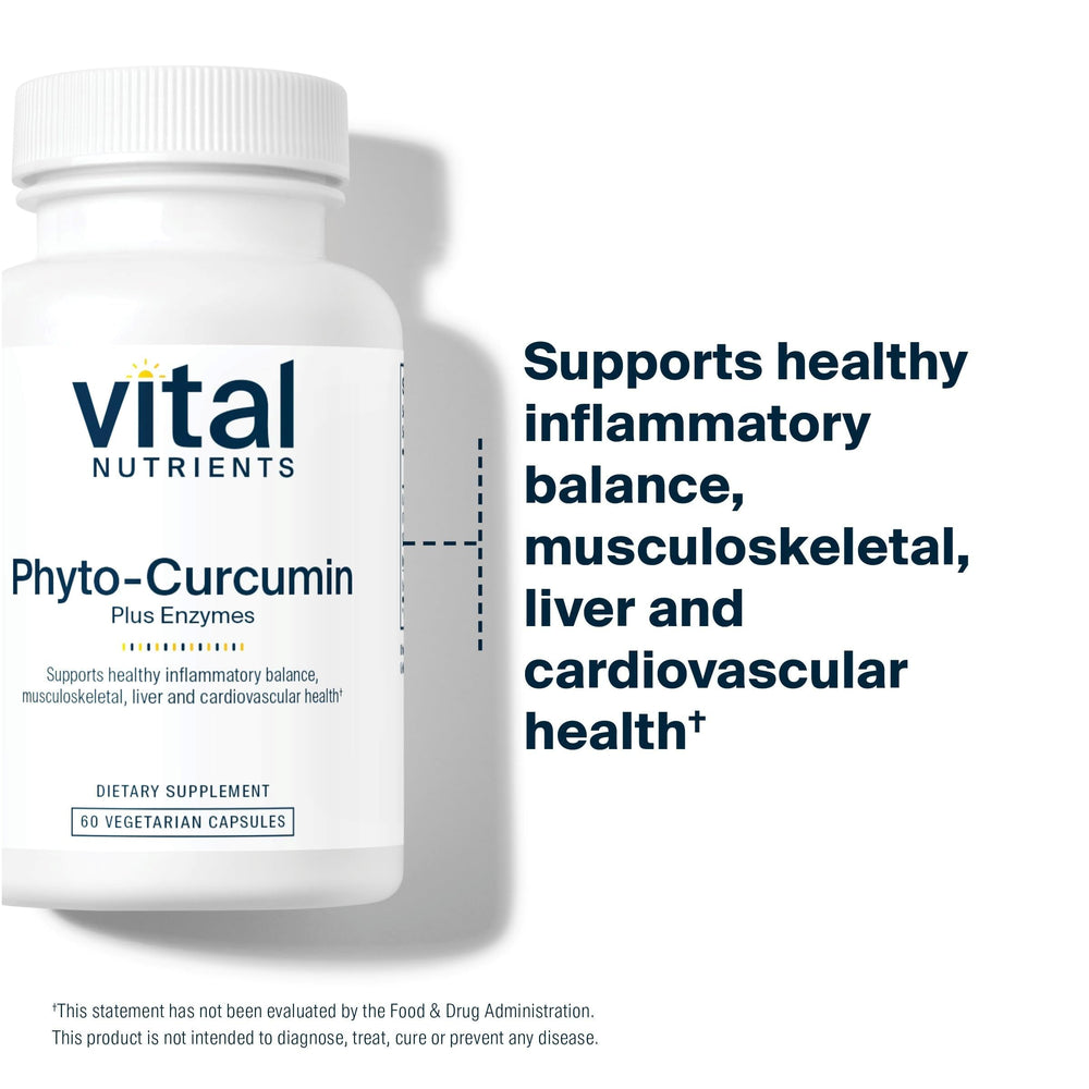 Vital Nutrients Phyto-Curcumin Plus Enzymes capsules arranged for easy daily use.