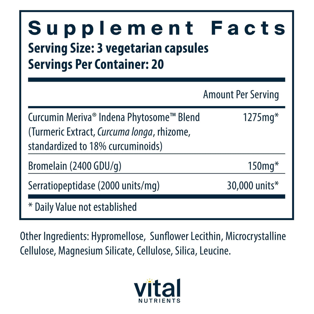 Vital Nutrients Phyto-Curcumin Plus Enzymes label closeup highlights phytosome-curcumin absorption.