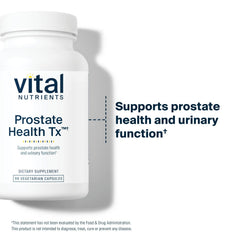 Vital Nutrients Prostate Health Tx packaging closeup highlights non-GMO features.