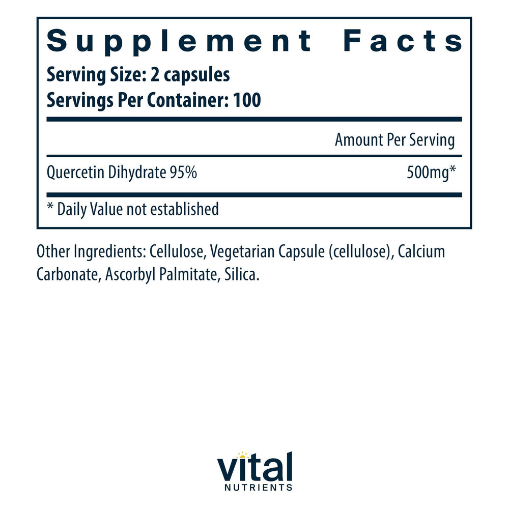 Vital Nutrients Quercetin capsules being poured for easy daily dosing.