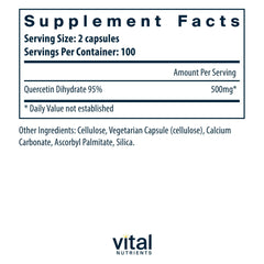 Vital Nutrients Quercetin capsules being poured for easy daily dosing.