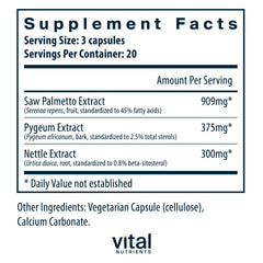 Vital Nutrients Saw Palmetto Pygeum Nettle capsules close-up for detailed packaging