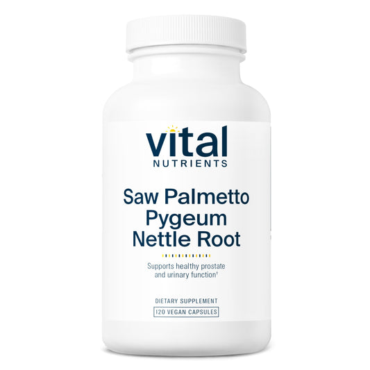 Vital Nutrients Saw Palmetto bottle with vegan capsules supporting healthy prostate function.