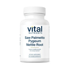 Vital Nutrients Saw Palmetto Pygeum Nettle capsules on bottle suggesting prostate support and urinary comfort