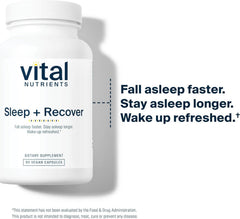 Vital Nutrients Sleep and Recover label close-up shows melatonin and natural sleep aids.