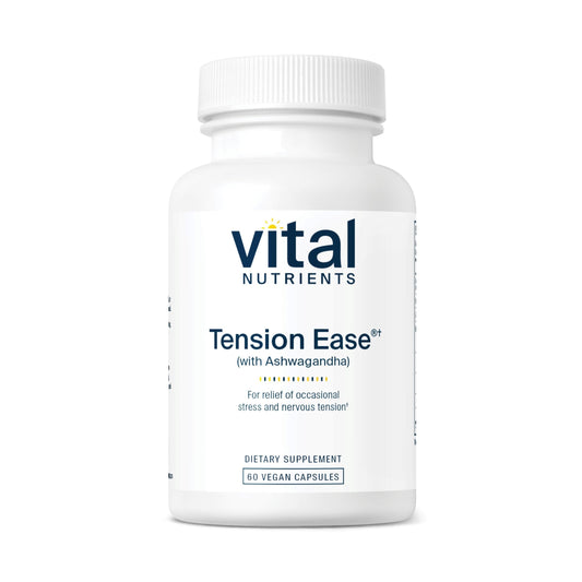 Vital Nutrients Tension Ease ashagwandha bottle showing calming herbal blend for occasional stress