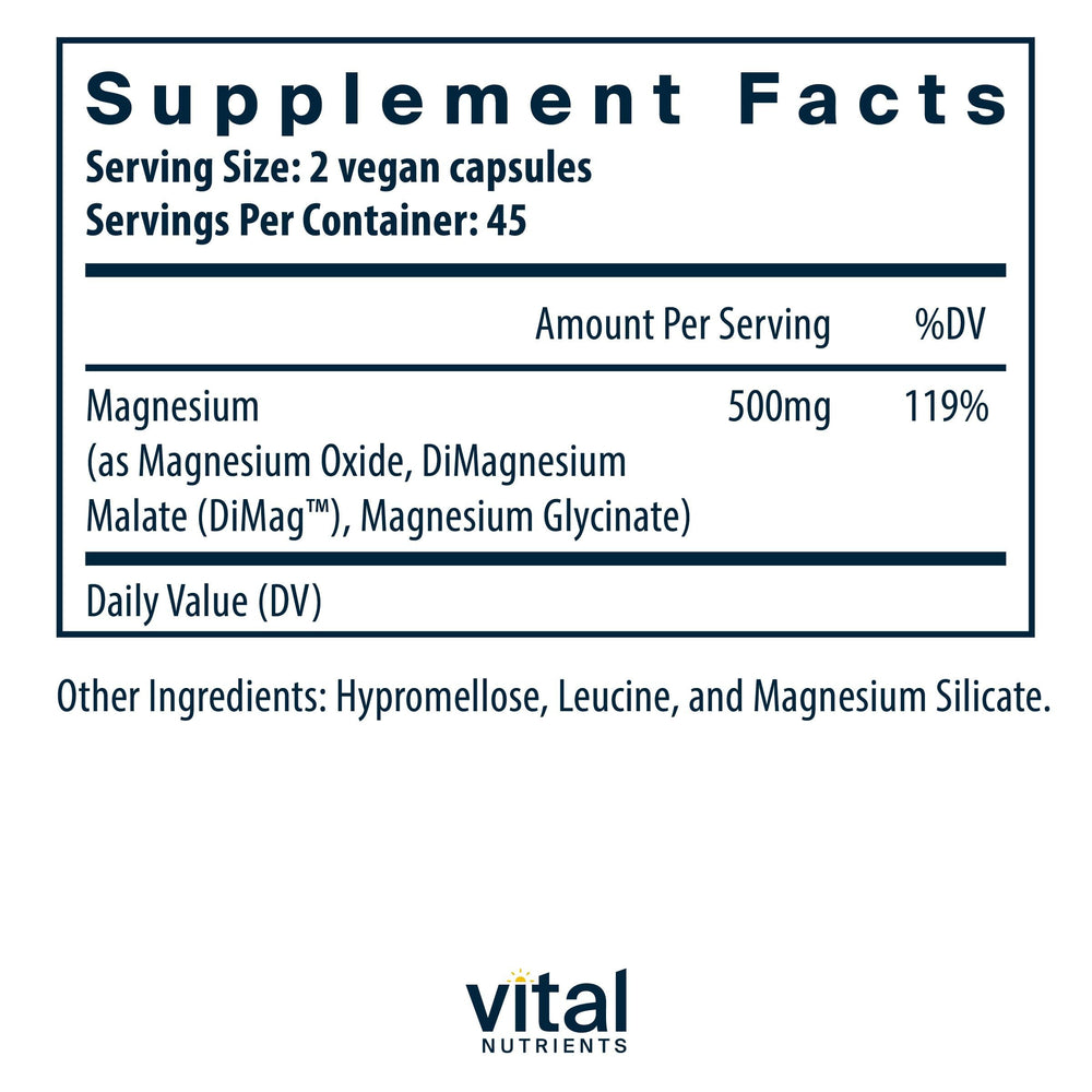 Vital Nutrients Triple Magnesium capsules close-up highlights bioavailable magnesium forms