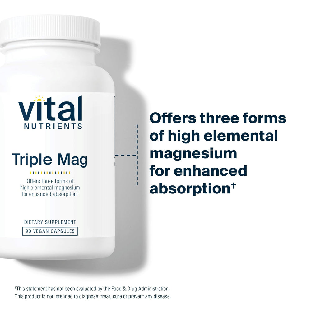 Vital Nutrients Triple Magnesium label detail underscores clean vegan and hypoallergenic pill