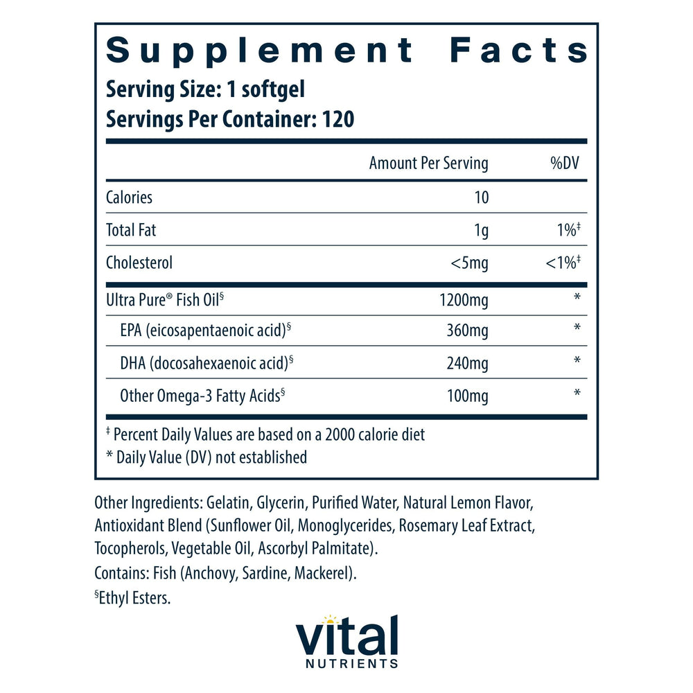 Vital Nutrients Ultra Pure Fish Oil 700 bottle label demonstrates EPA and DHA potency for brain and joints