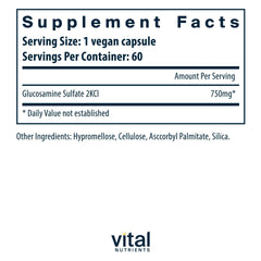 Close-up of Vital Nutrients vegan glucosamine sulfate capsules showing 750mg potency