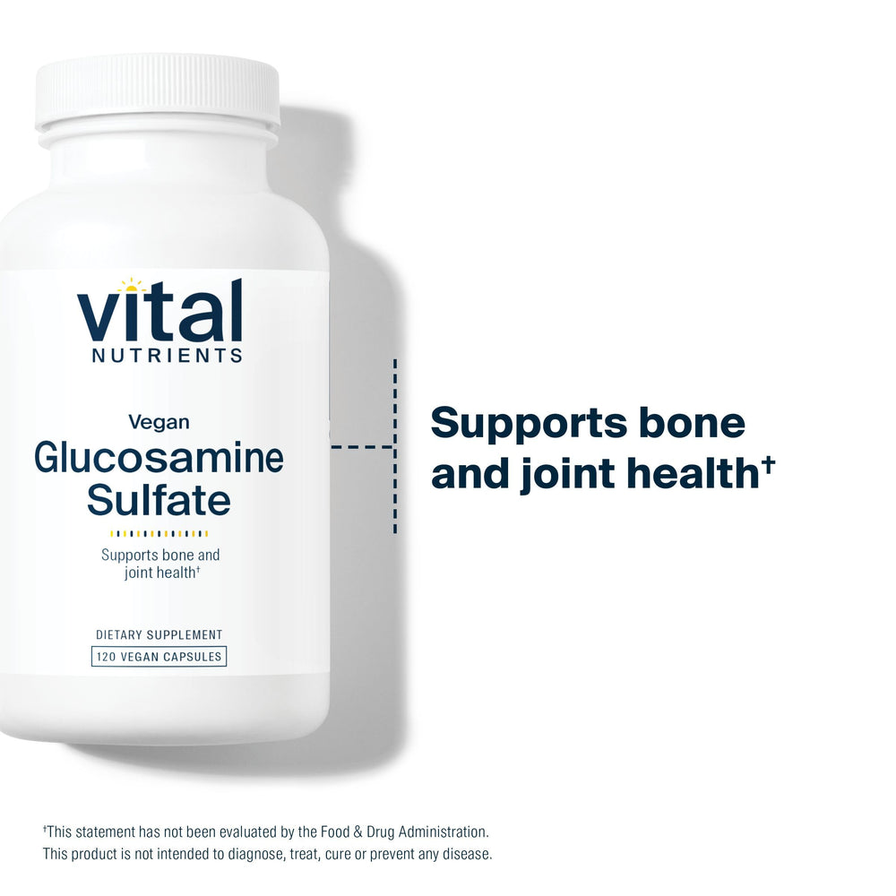 Vital Nutrients vegan glucosamine sulfate packaging close-up emphasizing allergen-free formula