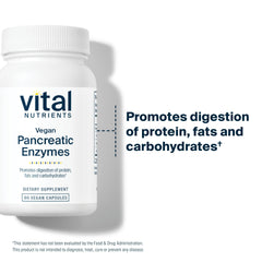 Vital Nutrients Vegan Pancreatic Enzymes capsules layout shows gluten-free and dairy-free formulation great for sensitive diets.
