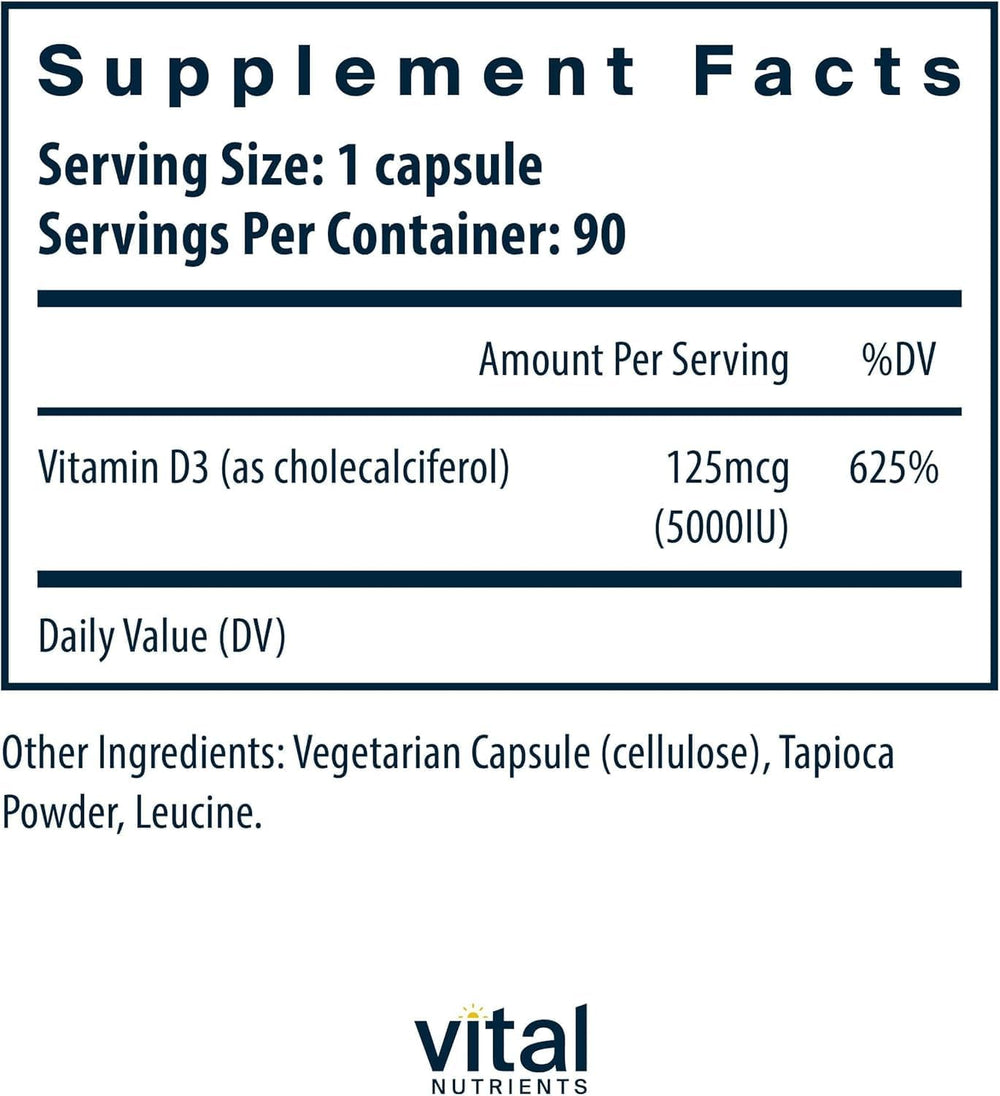 Vital Nutrients Vitamin D3 5000 IU label close-up showing clean formula