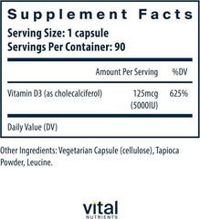 Vital Nutrients Vitamin D3 5000 IU label close-up showing clean formula