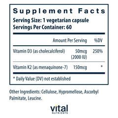 Vital Nutrients D3 K2 capsules up close showing bone-supporting supplement.