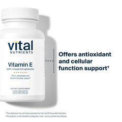 Vital Nutrients Vitamin E mixed tocopherols label highlights gluten-free and non-GMO formula.