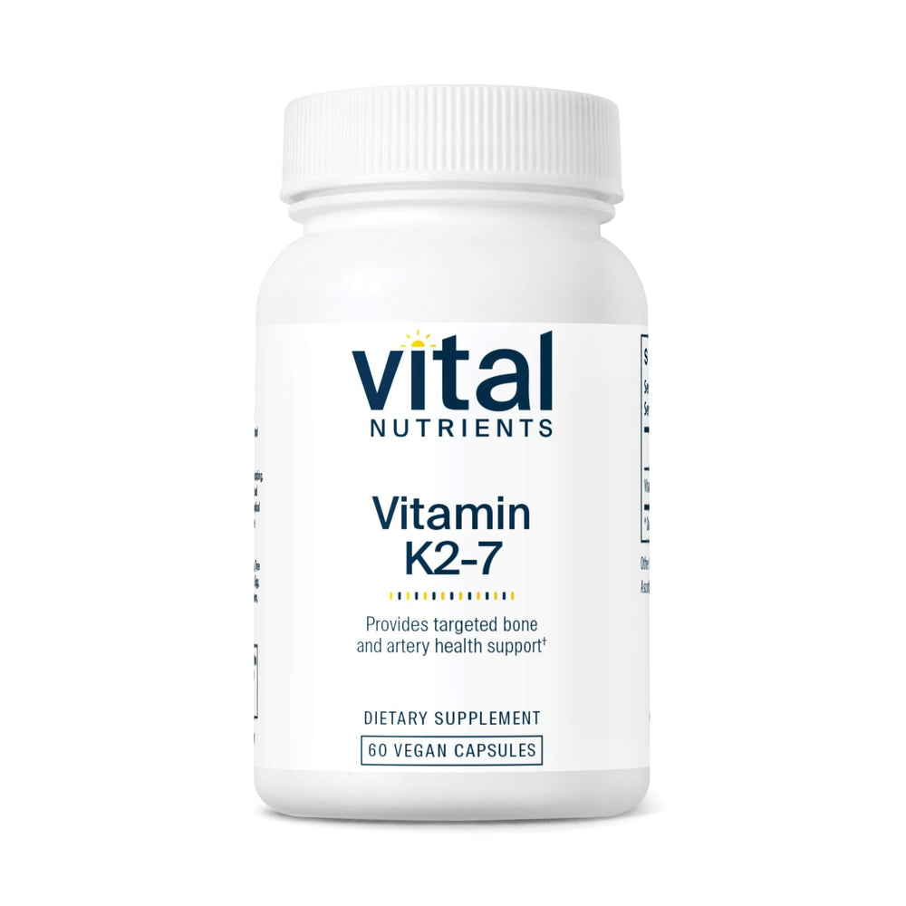 Vital Nutrients Vitamin K2-7 bottle showcases vegan capsules supporting calcium distribution toward bones.