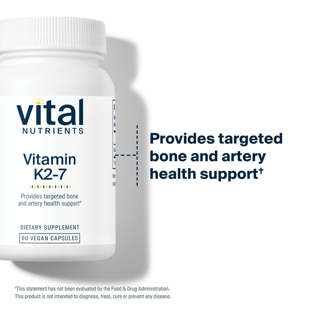 Vital Nutrients Vitamin K2-7 ingredients list underscores hypoallergenic additive-free formula.