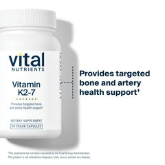 Vital Nutrients Vitamin K2-7 ingredients list underscores hypoallergenic additive-free formula.