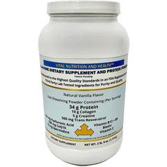 Vital Nutrition and Health All-in-One Powder tub front promoting convenient protein, collagen and vitamins.