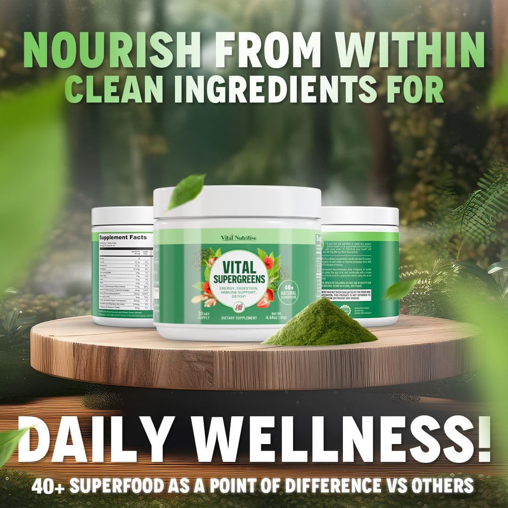 Vital Nutritive Vital Greens on kitchen counter ready for smoothies