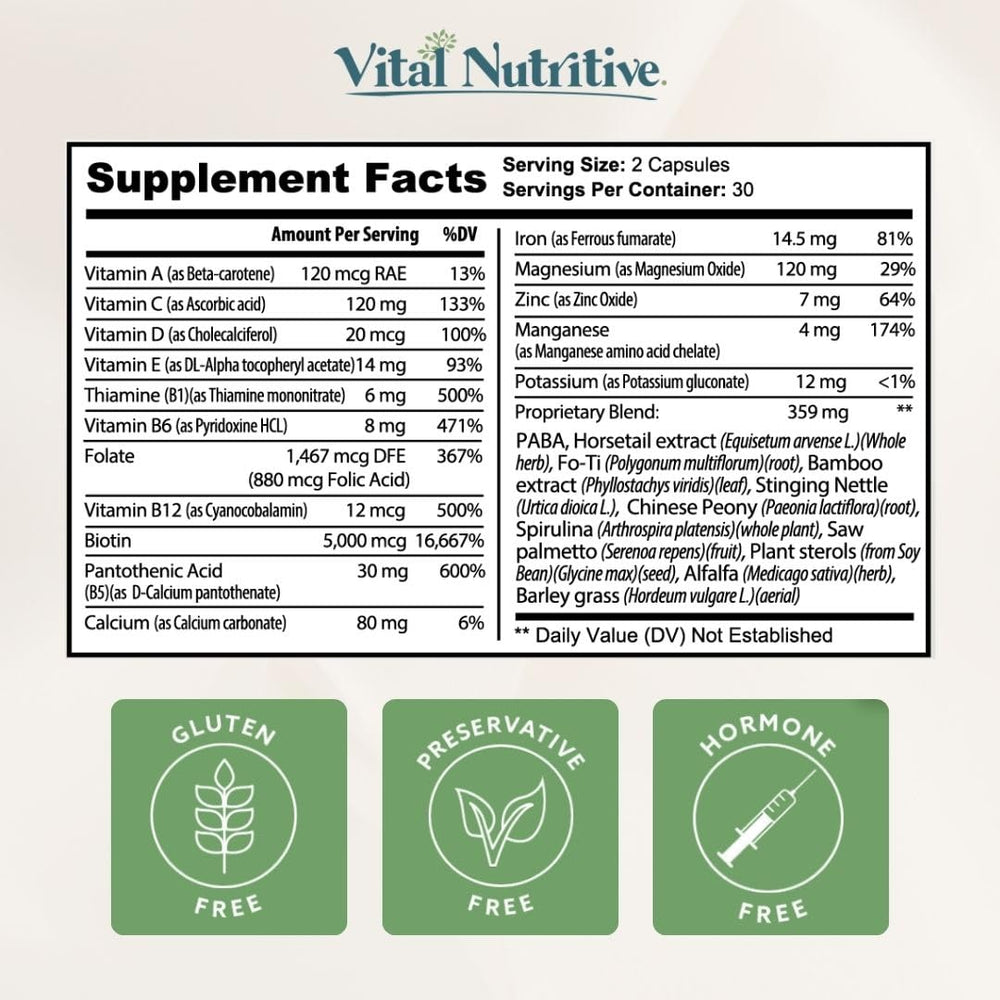 Vital Hair Complex elegant bottle on bathroom shelf for everyday wellness