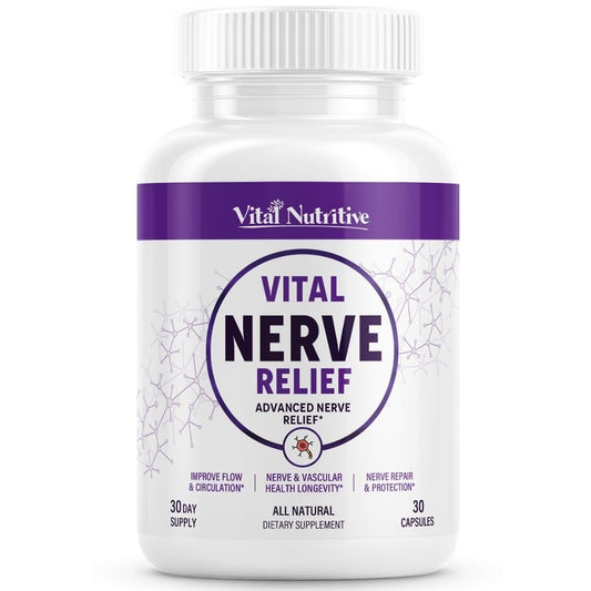 Vital Nutritive Vital Nerve Supplement bottle front supports daily nerve comfort and circulation.