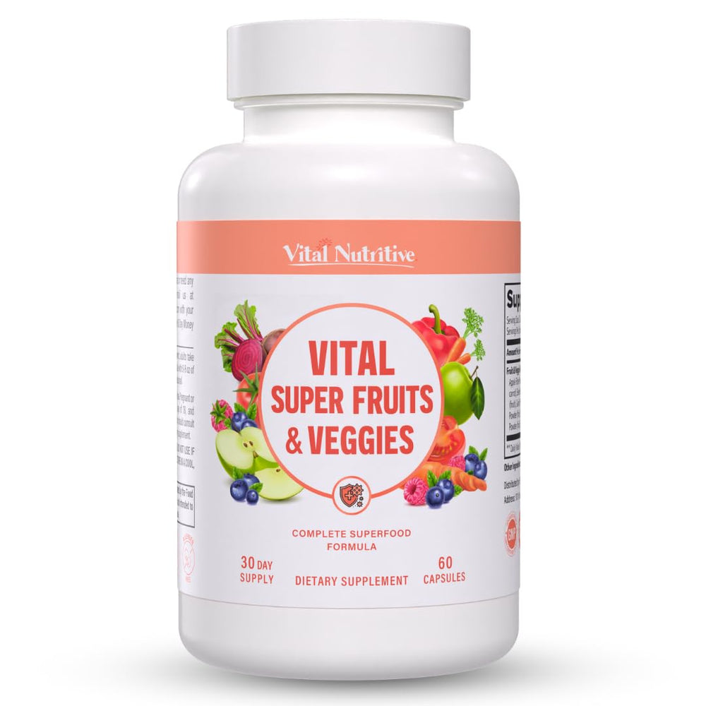 Vital Nutritive Vital Super Fruits & Veggies bottle with capsules supports daily wellness.