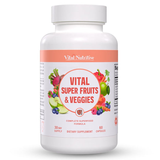 Vital Nutritive Vital Super Fruits & Veggies bottle with capsules supports daily wellness.