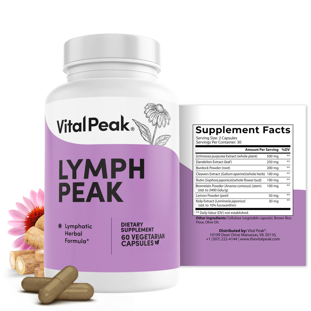 Vital Peak Lymph Peak bottle on desk for daily lymph support.