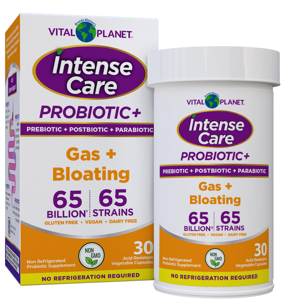Vital Planet Intense Care bottle pour supports daily gut balance and comfort.