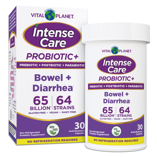 Vital Planet Intense Care bowel probiotic bottle for daily digestive balance.