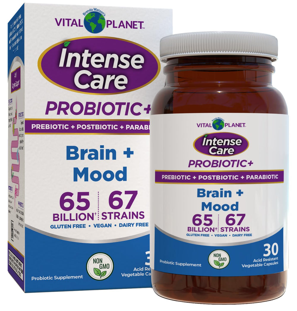 Vital Planet Intense Care bottle front for daily brain and mood support.
