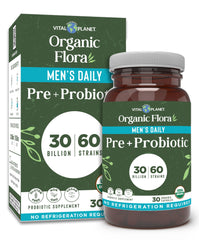 Vital Planet Organic Flora Probiotics for Men bottle cap close-up highlighting shelf-stable daily use