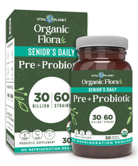 Vital Planet Organic Flora Probiotics senior bottle supports digestive balance and immune resilience.