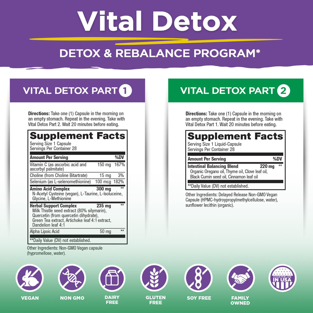 Vital Planet Vital Detox capsules close-up for liver and gut support.