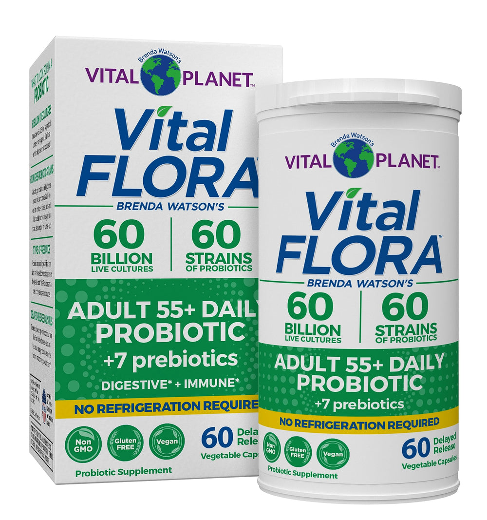 Vital Flora 55+ bottle on shelf highlighting 60B CFU for daily digestive support