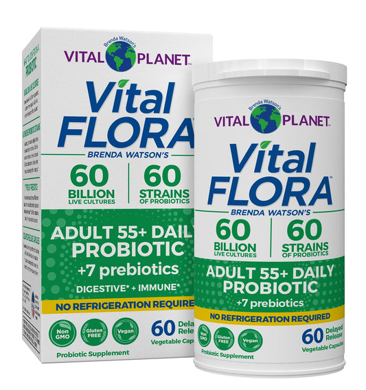 Vital Flora 55+ bottle on shelf highlighting 60B CFU for daily digestive support