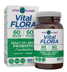 Vital Planet Vital Flora 55+ bottle front promotes digestive balance.