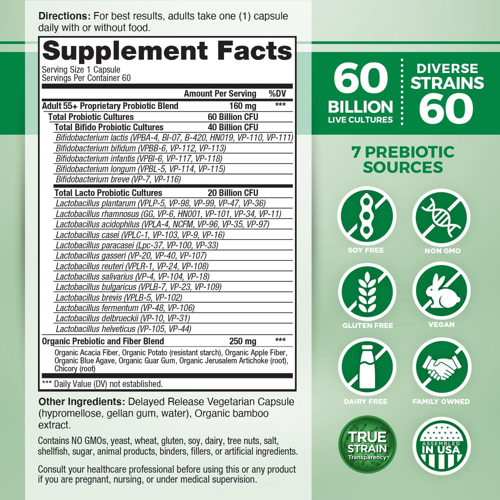 Vital Planet Vital Flora 55+ capsules for daily gut health.