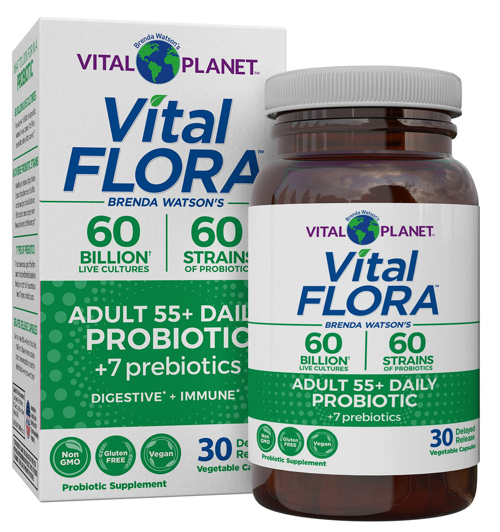 Vital Planet Vital Flora 55+ daily probiotic bottle supports gut balance.
