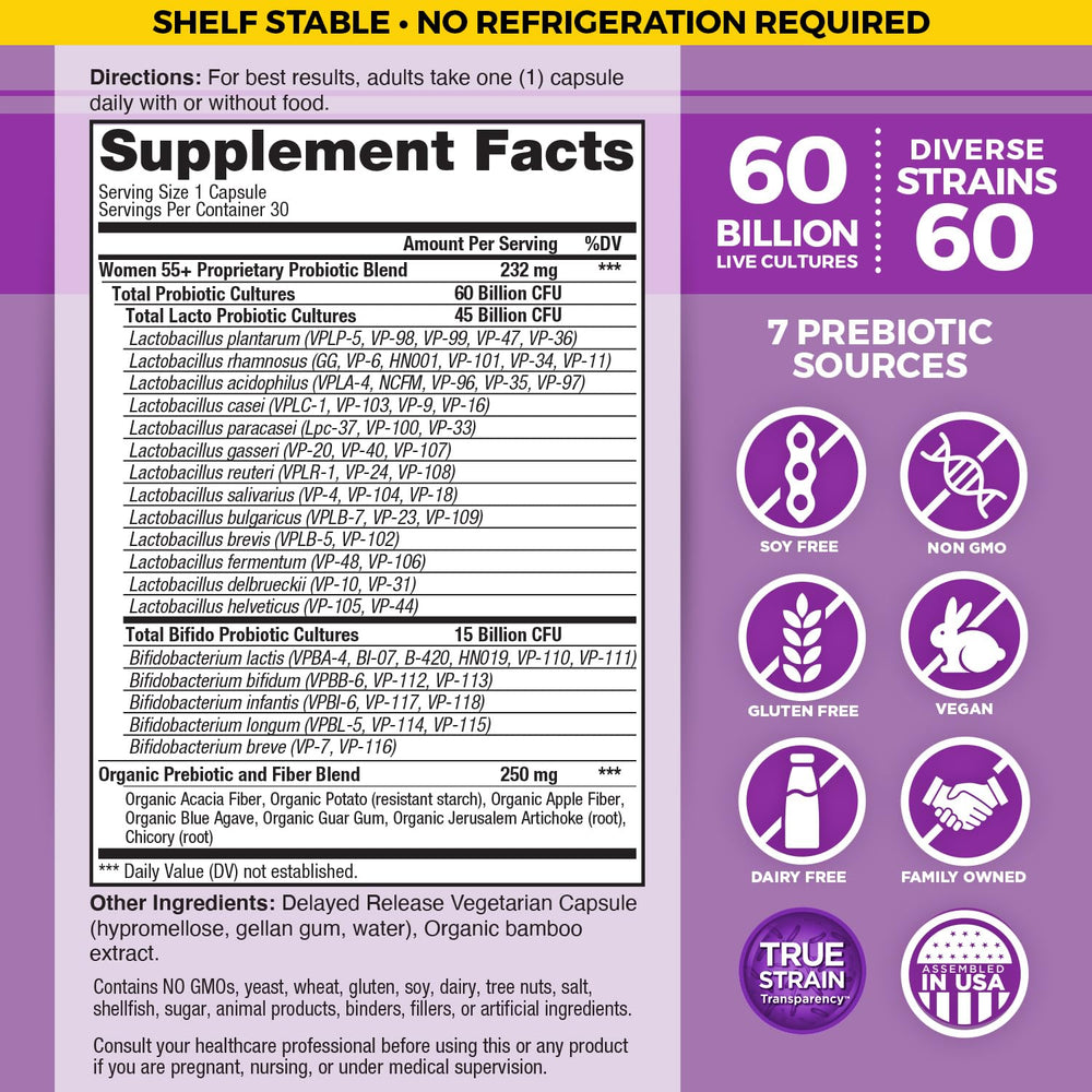 Vital Flora 60B CFU label on bottle highlighting potency and diversity.