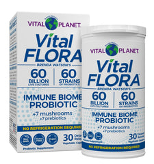 Vital Planet Vital Flora Immune Probiotic bottle highlighting daily gut balance support.
