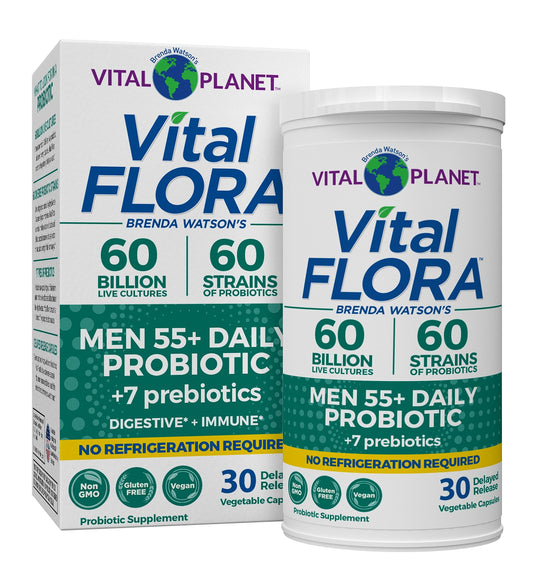 Vital Planet Vital Flora Men 55+ bottle shown for daily probiotic use