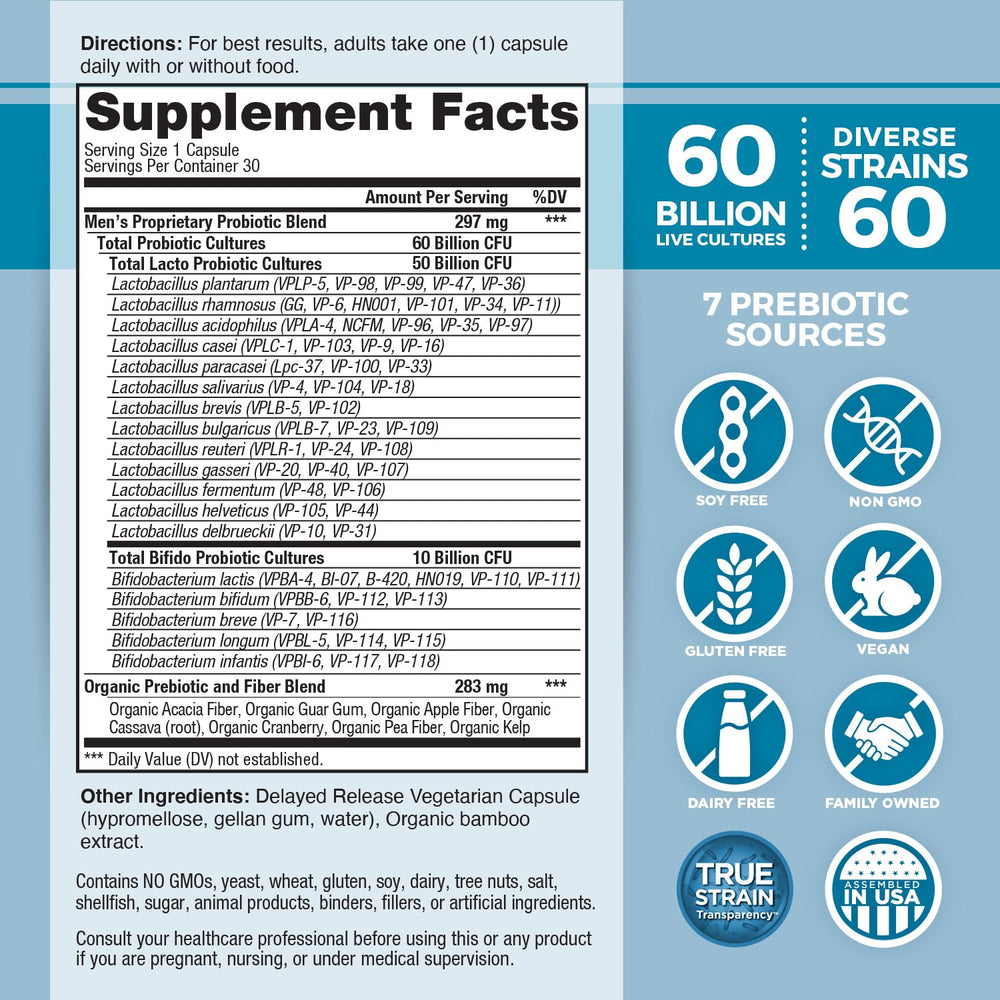 Vital Flora Men’s Daily Probiotic capsules shown for easy daily use and digestive balance.